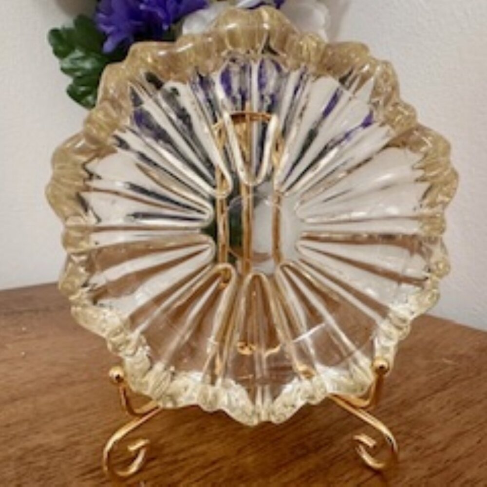 Vintage Pressed Glass Ashtray Clear Ribbed Round Midcentury Modern Retro Home De